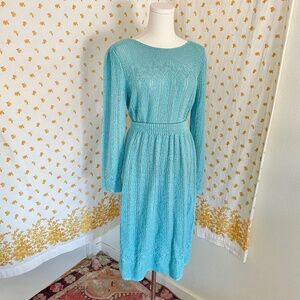Vintage Evanna New York Knit Skirt Sweater Set Aqua Blue Autumn